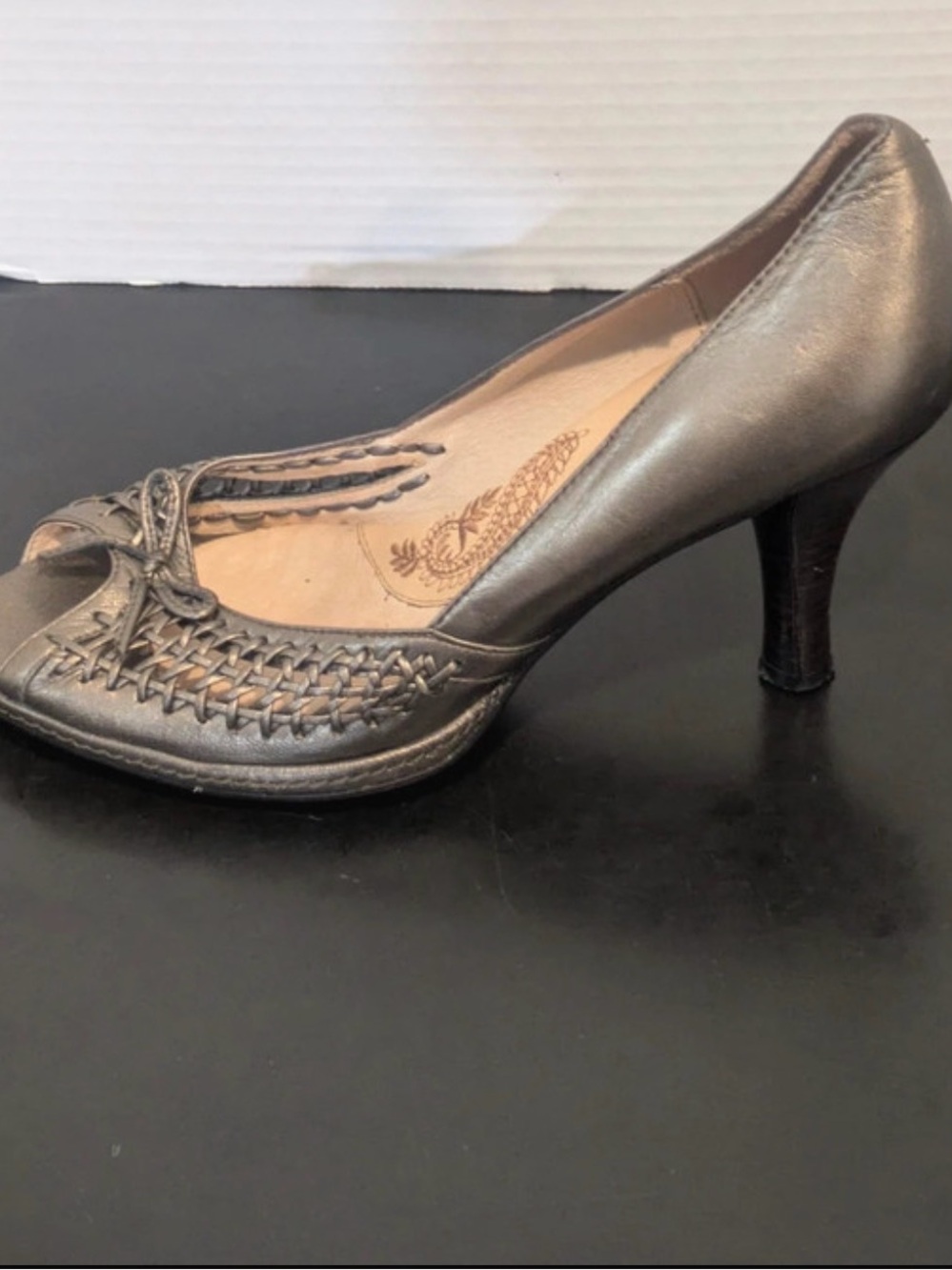 Sofft Metallic Pewter Woven Leather Peep-Toe Heel-7.5